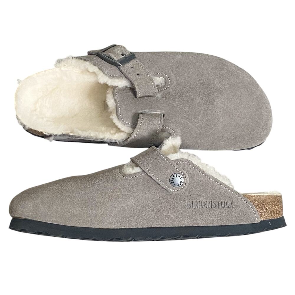 NWOT Birkenstock Boston Suede Fur Stone Coin Gray Clog 6 - Picture 4 of 6